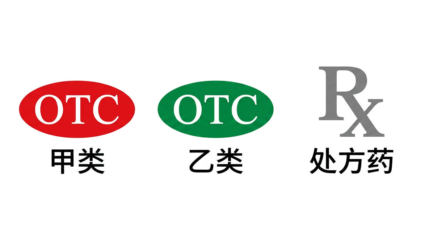 OTC 红/绿 + Rx 处方药 三标志对比